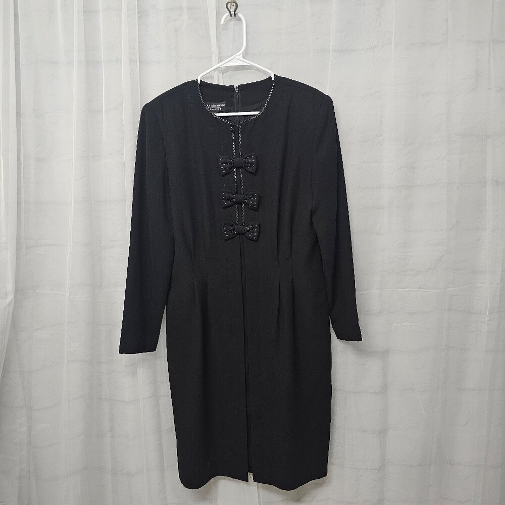 Vintage Debra Michaels Black Dress Bows Pleated Beaded Retro Dark Coquette 14